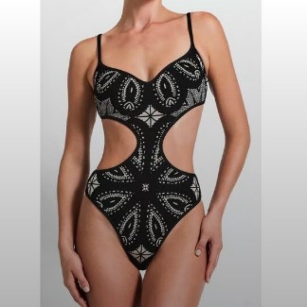 Devon Windsor Julian Black Jacquard One Piece Swimsuit New Size Medium Cut Out